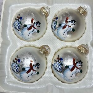 Vintage Christmas Ornaments Pyramid Box Snowman Satin Sheen Made In USA Set